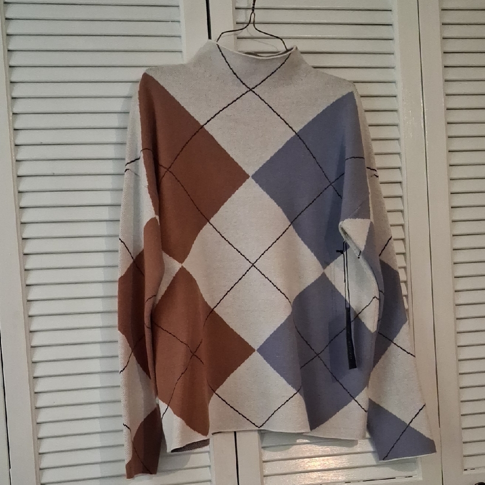 Rachel Zoe Cowl Neck Argyle Sweater - Brown and Blue